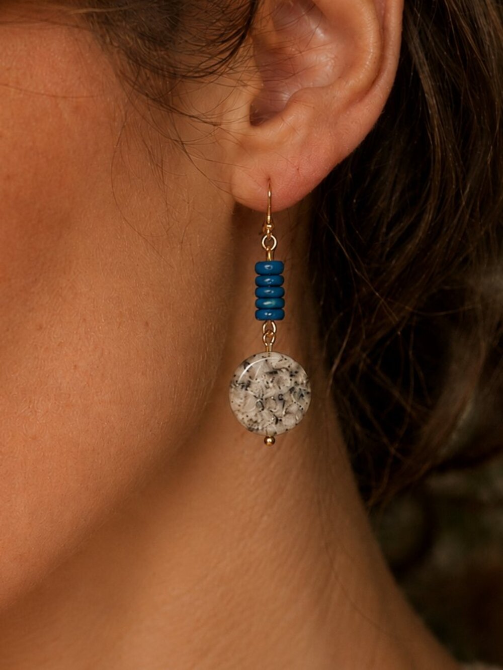 Sesame Jasper Stone & Vintage Blue Wood Earrings, 24k Gold Plated Stainless
